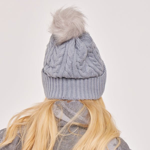 Adult Cable Knitted Pom Pom Hat With Faux Fur Lining