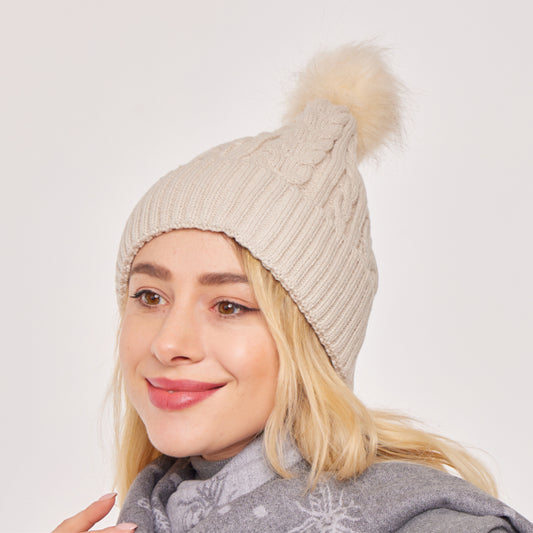 Adult Cable Knitted Pom Pom Hat With Faux Fur Lining