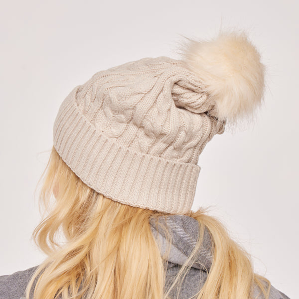Adult Cable Knitted Pom Pom Hat With Faux Fur Lining