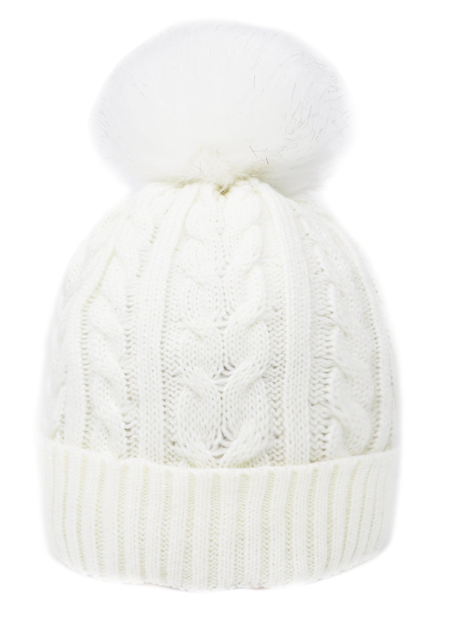 Adult Cable Knitted Pom Pom Hat With Faux Fur Lining