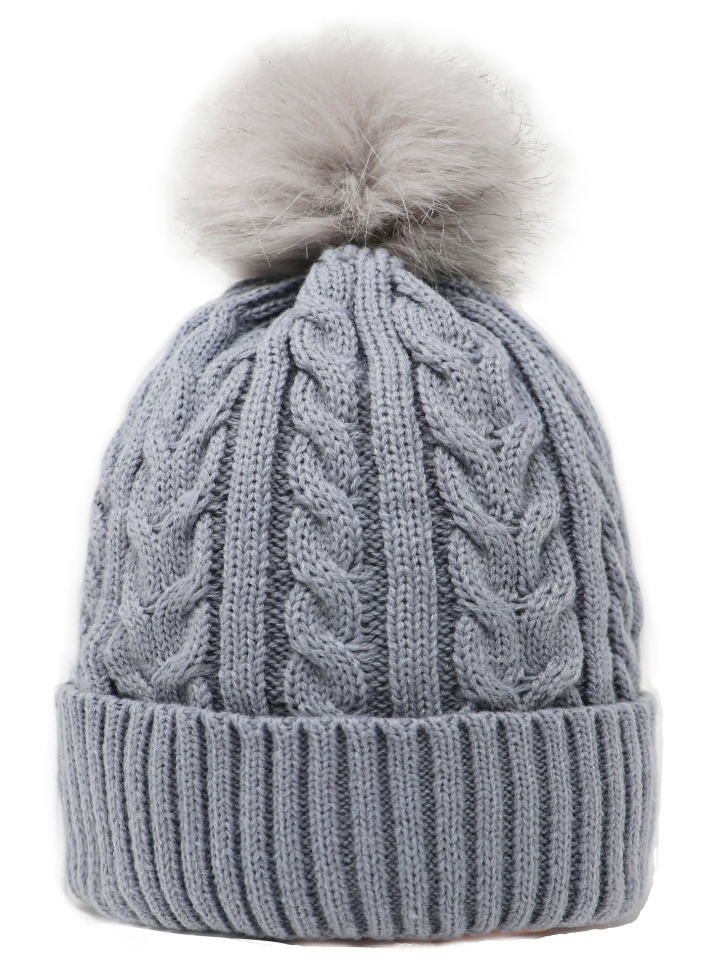 Adult Cable Knitted Pom Pom Hat With Faux Fur Lining