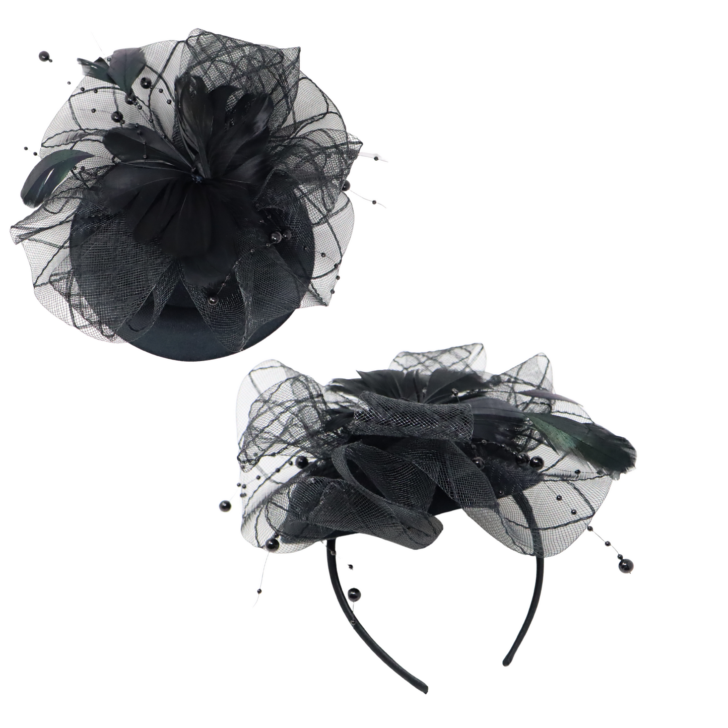 Fascinator Beaded Net Bow Cup Black