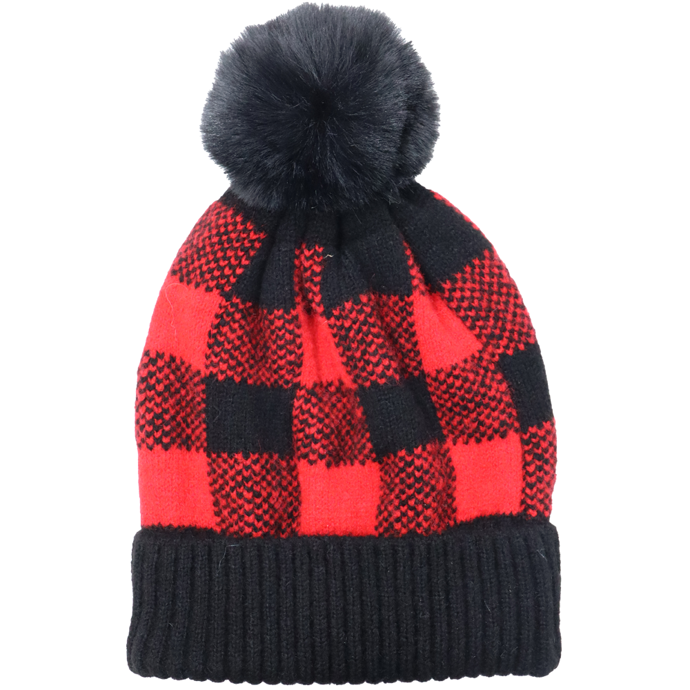 Check Pom-Pom Lined Hat