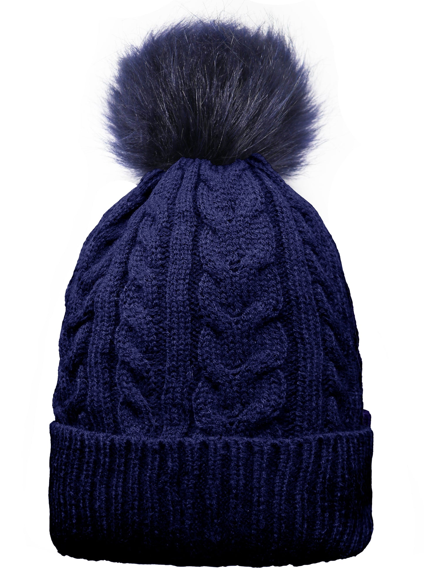 Adult Cable Knitted Pom Pom Hat With Faux Fur Lining