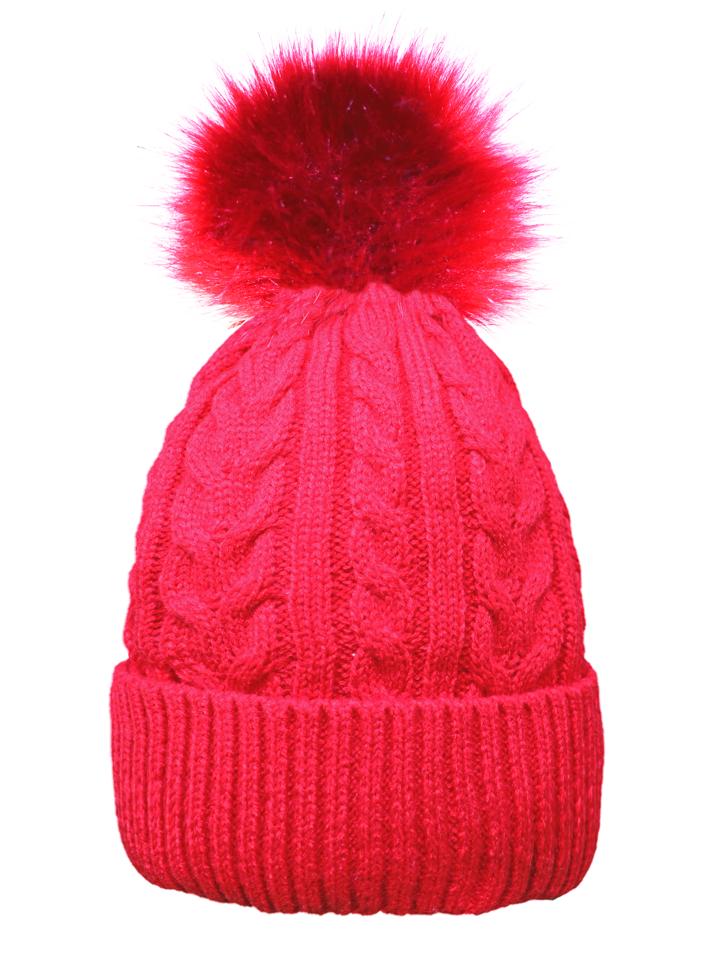 Adult Cable Knitted Pom Pom Hat With Faux Fur Lining