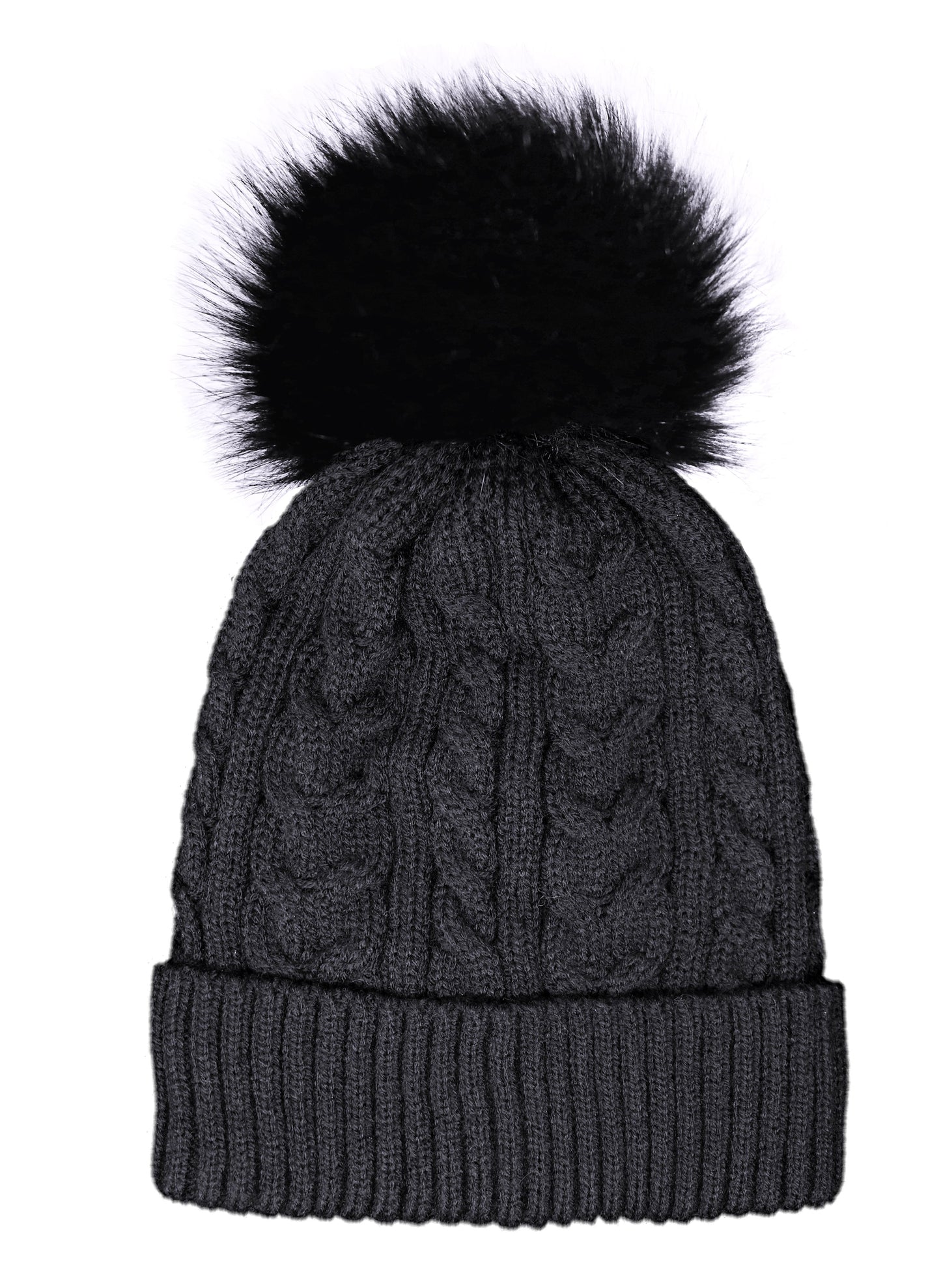 Adult Cable Knitted Pom Pom Hat With Faux Fur Lining