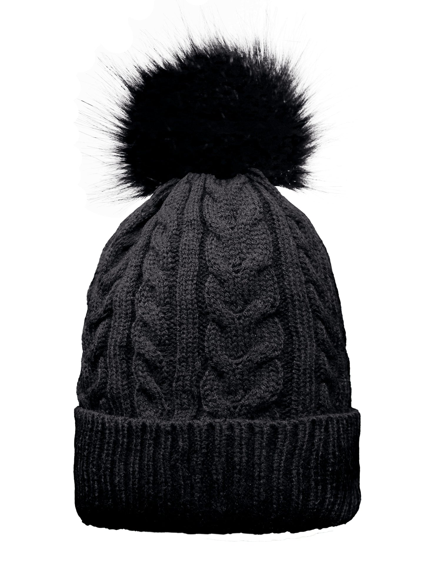 Adult Cable Knitted Pom Pom Hat With Faux Fur Lining