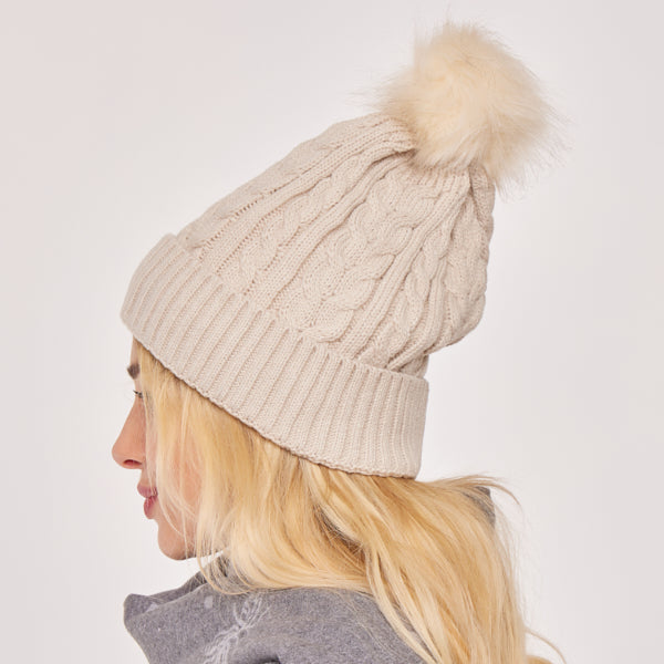 Adult Cable Knitted Pom Pom Hat With Faux Fur Lining