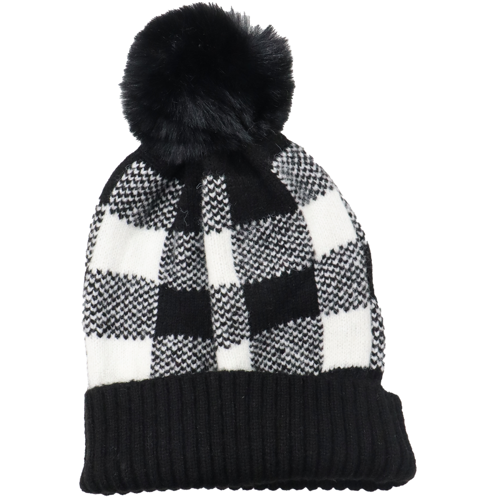 Check Pom-Pom Lined Hat