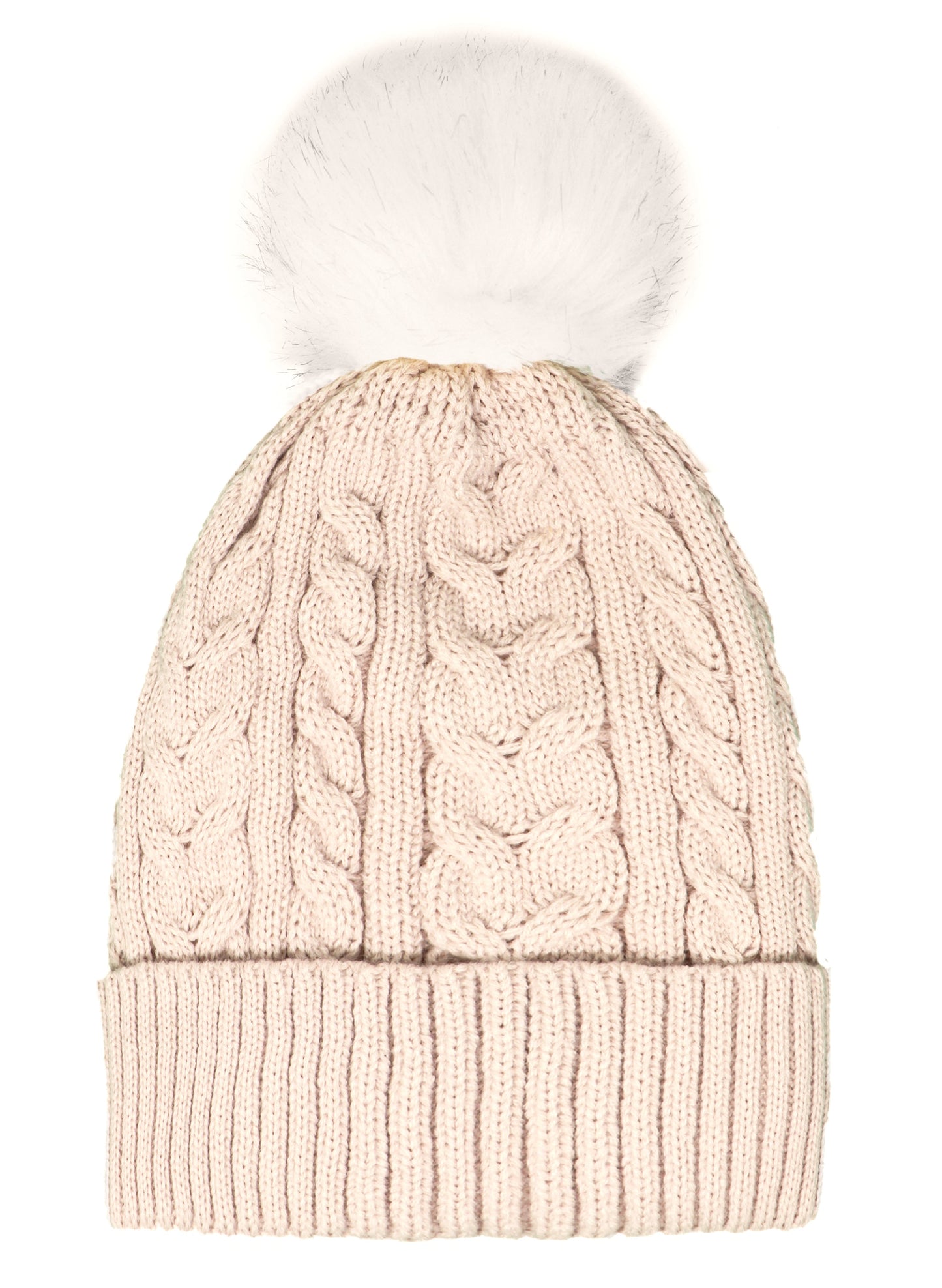 Adult Cable Knitted Pom Pom Hat With Faux Fur Lining